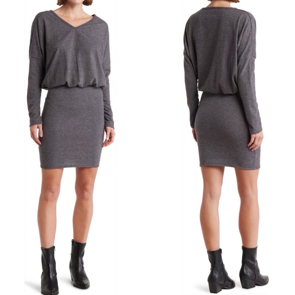 GO Couture Womens Mini Dress Size M Gray Long Sleeve V Neck Bodycon Sweater Knit